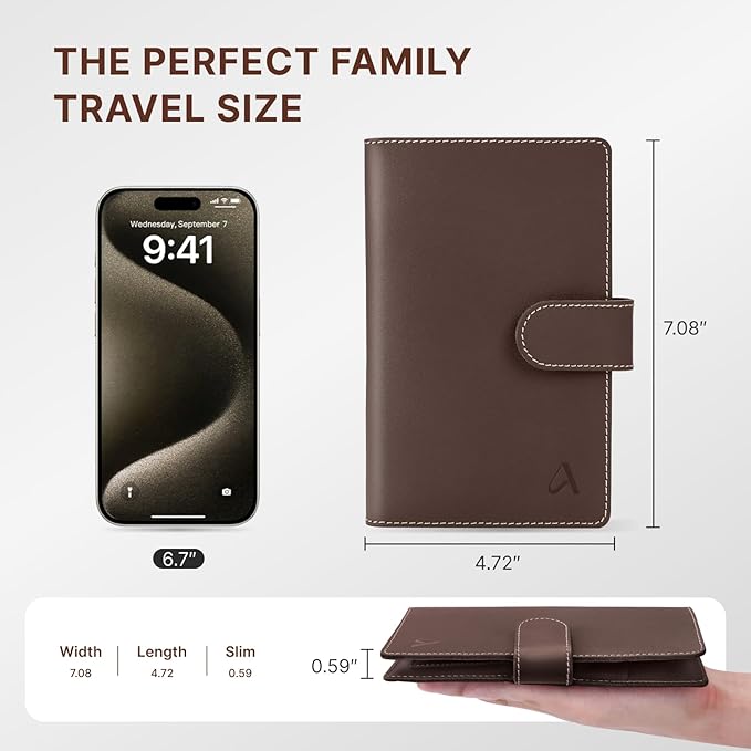 ALLIVE Family Passport Holder, RFID Blocking Passport Wallet with AirTag holder, Genuine Leather Travel Document Organizer for Women & Men, Airport Essentials, Travel Gift (Coffee Brown)