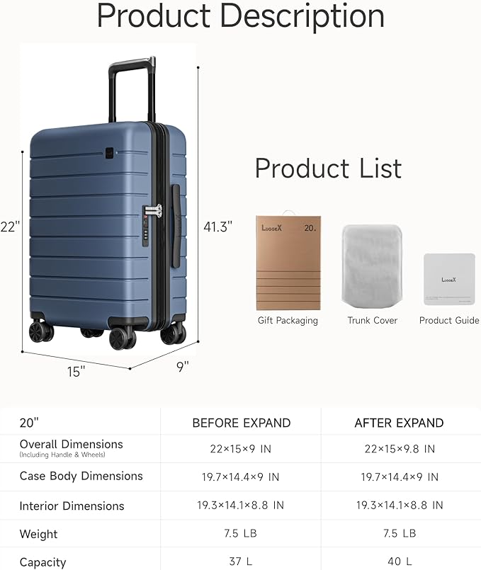 LUGGEX Carry On Luggage HUP3, Accelerate Access with DiHook, Handy Pouch, 20 inch Expandable Hard Shell Suitcases with Spinner Wheels