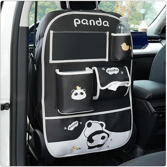 YUNZLAN Cute Panda Leather Car Backseat Organizer 1 Pack Car Seat Back Protectors with Clear 10" Tablet Holder + 4 Storage Pockets