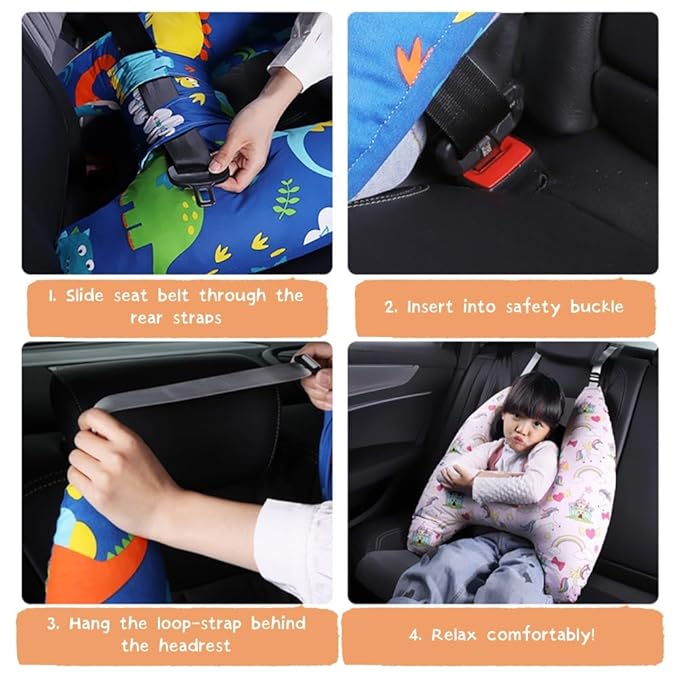 Travel Pillow Car Cushion for Kids 6 Years Old+ Shoulder Neck Back Support & Seat Belt Comfort, Road Trip Cozy Sleeping Gift for Young Travelers, Parents, Families, Baby Shower (Unicorn Pink)