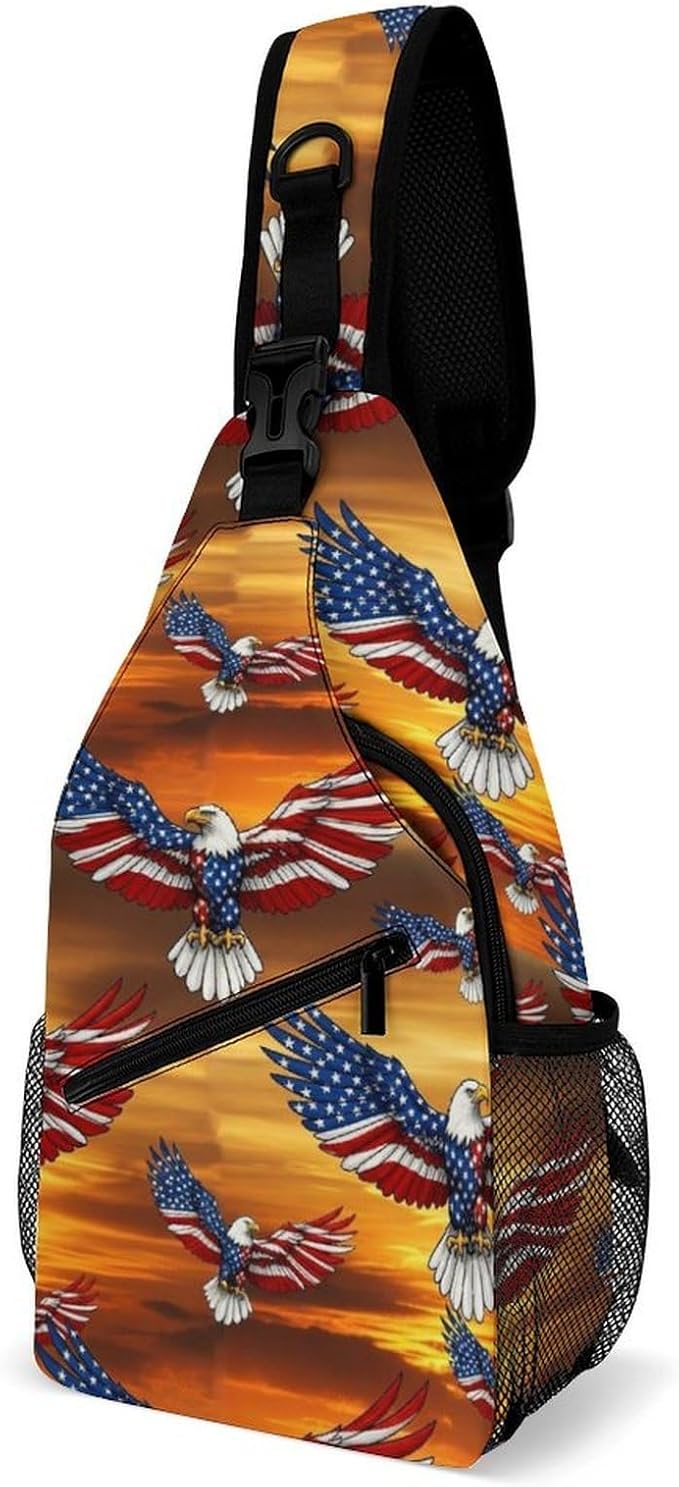 SWEET TANG Cool Sling Backpack American Bald Eagle, Lightweight Sling Shoulder Bag, Outdoor Chest Crossbody Bike Gym Runner Daypack with Adjustable Strap for Men Women