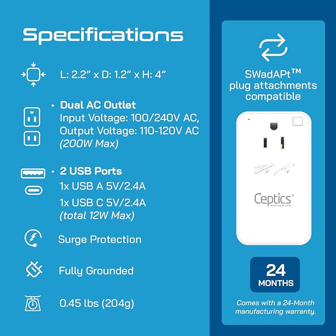Ceptics Step Down Voltage Converter US to Europe - 200W Convert 220V to 110V for Curling Iron, Straightener, Charger – USB-A & C Fast Charging – SwadApt Type A, B, C, E/F, G, I Included