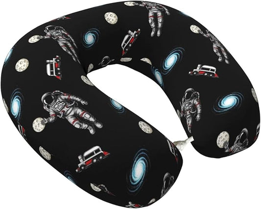 Support Neck Pillow for Youth Travel, Washable Airplane Chin Supporting and Relax U Shaped Pillows Outer Space Astronaut Slam Dunk Moon Basketball Black