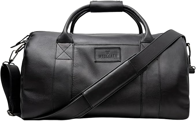 Full Grain Leather Duffle Bag – 25L Travel, Gym & Carry-On Weekender for Men | Handcrafted Overnight Bag with Brass Hardware, Black Style
