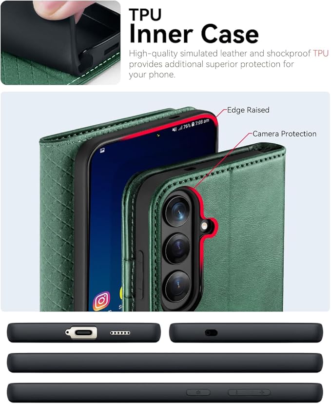 OCASE Compatible with Galaxy S25 Wallet Case, PU Leather Flip Folio Case with Card Holders RFID Blocking Kickstand [Shockproof TPU Inner Shell] Protective Phone Cover 6.2 Inch 2025, Blackish Green