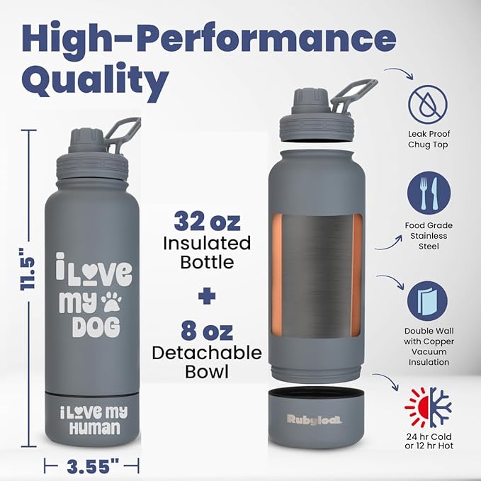 Dog Water Bottle for Dog Lovers - 32 oz Stainless Steel Double Wall Insulated Water Bottle with 8 oz Detachable Bowl on Bottom- Ideal Gift for Doggy Lovers for Christmas - “Love Smoky Grey