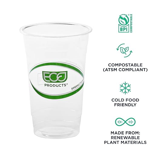 ECO PRODUCTS GreenStripe Clear Compostable 20oz PLA Large Plastic Cups, Case of 1000, Disposable Renewable Plant-Based Cold Cups, For Cold Drinks & Snacks, BPI Certified, ASTM Compliant.