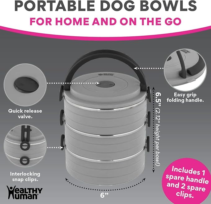 Healthy Human Travel Pet Bento Bowls - Human-Grade Stainless Steel & BPA-Free, Leak-Proof Water & Food Container Set for Dogs & Cats, 3-Pack Interlocking Bowls, Includes Spare Clips & Handle (Gray)