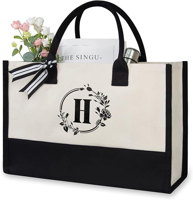 TOPDesign Personalized Initial Canvas Beach Bag, Monogrammed Gift Tote Bag for Women