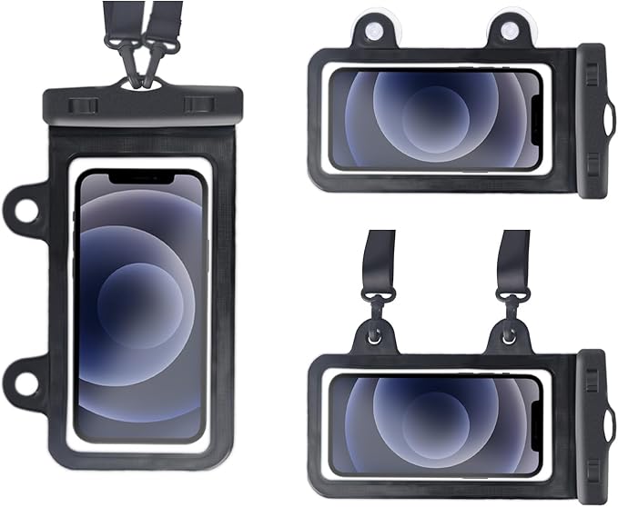 XL Waterproof Phone Pouch iPhone &Shower Phone Holder Waterproof with 2 Suction Cups,Water Phone Protector Pouch with Adjustable Lanyard,Floating Phone Case for iPhone 16 15 14 ProMax (Black)