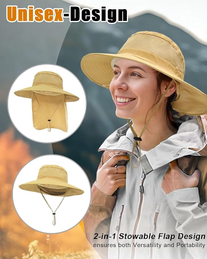 Outdoor Sun Hats with Stowable Neck Flap for Men Women UPF 50+ Mesh Summer Bucket Hat Wide Brim for Fishing Safari Hiking