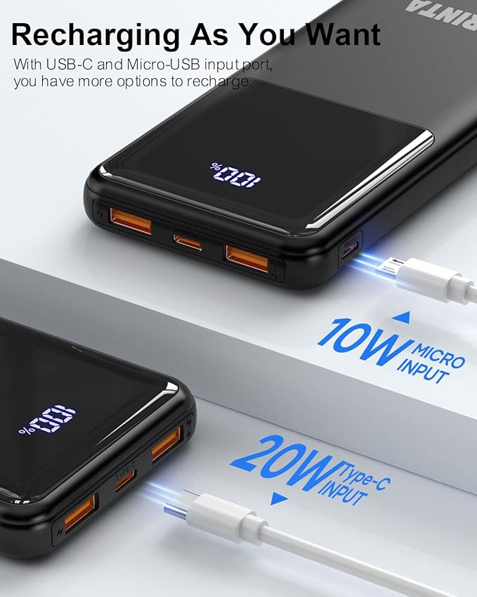 Power Bank Portable Charger 10000mAh PD 22.5W, Battery Pack for Heated Vests & Jackets, LED Display & USB-C in/Out, Travel Essentials, Compatible for Smartphones, Tablets & More (Black)