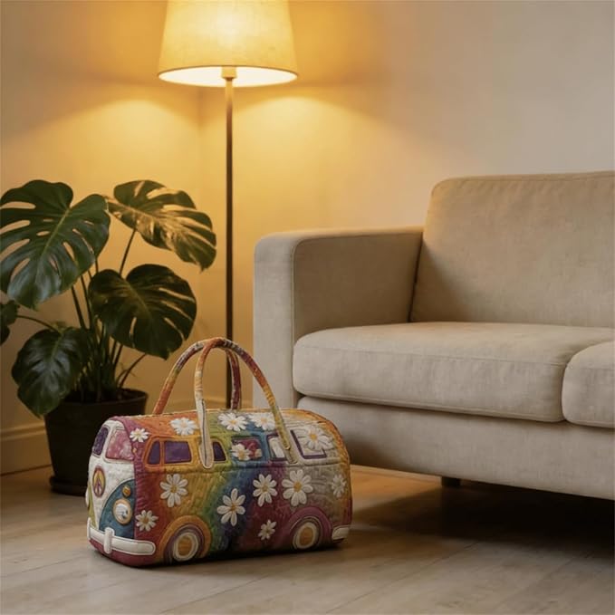 Hippie Van Quilted Duffle Bag, Boho Weekender Travel Overnight Luggage for Women Vintage Floral Gym Tote (style2, Large (18"x9"x9"))