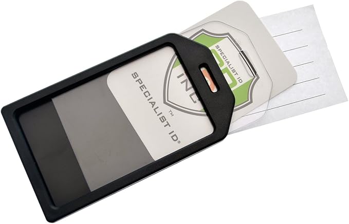 5 Pack - Premium Rigid Airline Luggage Tag Holders with 6" Worm Loops - Heavy Duty Hard Plastic -Suitcase ID Tag Identifiers with Business Card Insert Window by Specialist ID (Black)