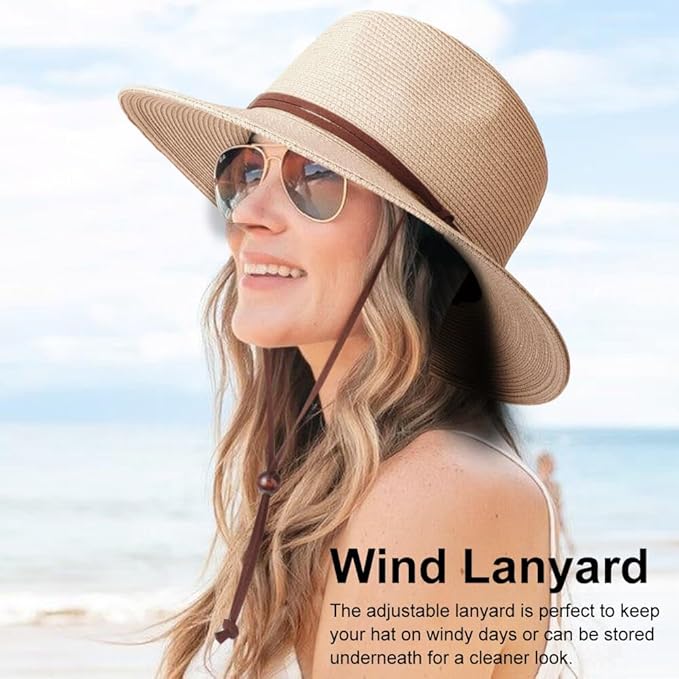 DRESHOW Women Straw Panama Hat Travel Fedora Beach Sun Hat Summer Wide Brim Straw Roll up Hat UPF 50+