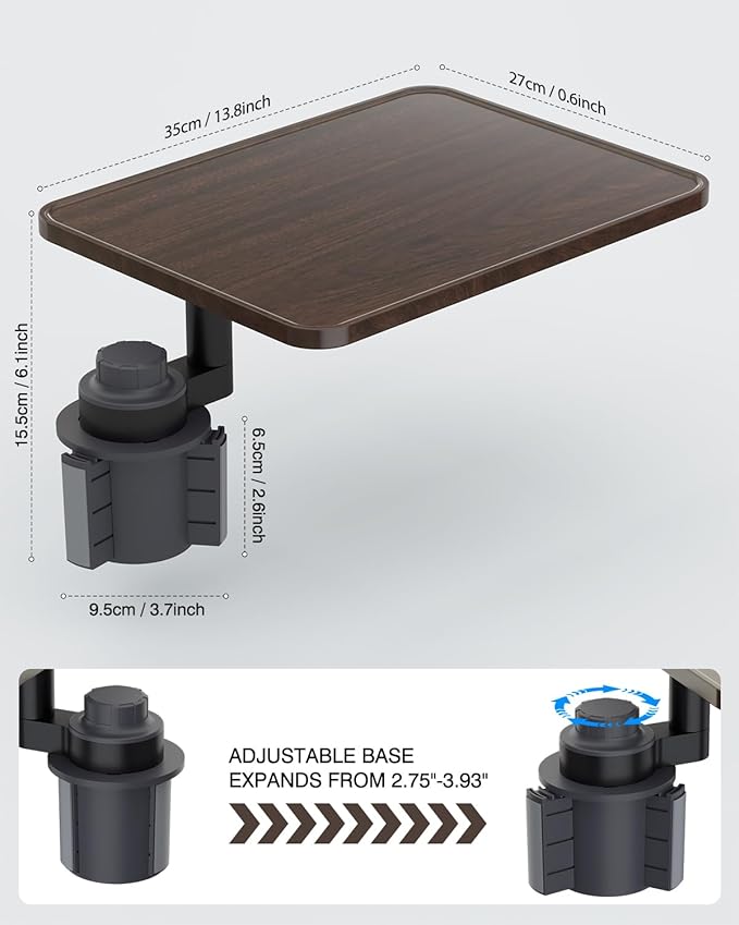 AXVLU Car Desk for Laptop, Cup Holder Table with 360° Rotation - Wooden Car Laptop Mount, Car Table & Car Food Tray Compatible with Tesla Model Y/3/S & Most Vehicles