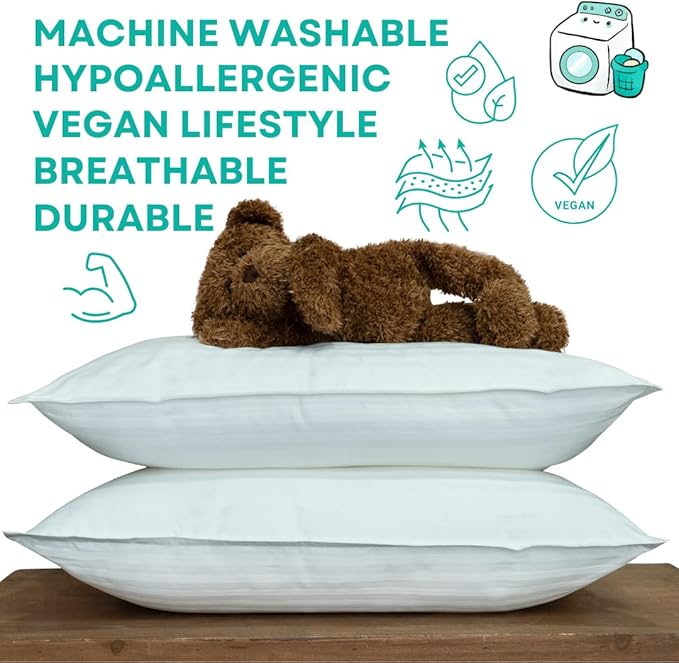 kinder Fluff Toddler Pillows (2pk) 13x18in- The only Pillow for Kids 300T Cotton Shell & Down Alternative Fill - Machine Washable, Ideal Cushion for Kids Above 2 Years - White- S