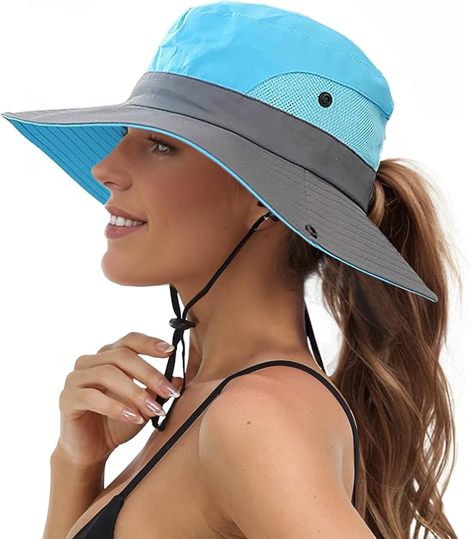 Sun Hats for Women Beach Hat Ponytail Hat Womens Sun Hat with UV Protection Wide Brim