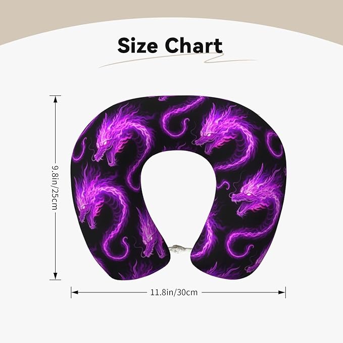 Neck Pillows for Travel Purple Fire Dragon Art, Women and Men Airplane Car Pillow, Neck Support U Shaped Pillow for Rest Pain Relief Sleeping