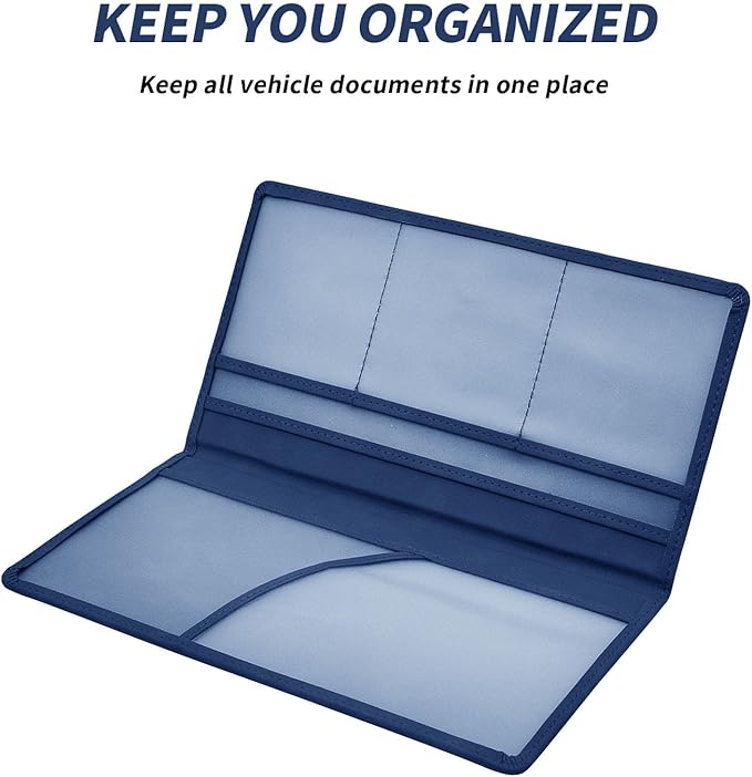 Car Registration and Insurance Card Holder - Vehicle Glove Box Document Organizer - Premium PU Leather Wallet Case - Driver License - Blue