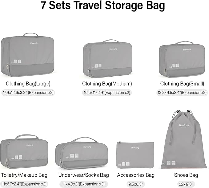 Packing Cubes for Travel, Hanke 7 Set Packing Cubes with Double Zipper,Compression Travel Bags Expandable Design,Durable Packing Organizers for Suitcase Backpack and Carry-On