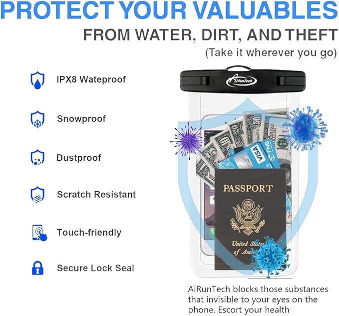 AiRunTech Waterproof Fanny Pack,Waterproof Phone Pouch for iPhone 16 15 14 13 12 11 Pro Max,IPX8 Dry Bag for Snorkeling Beach Cruise Kayaking Pool Swimming(Two Phone Cases+Two Waist Bags Set)