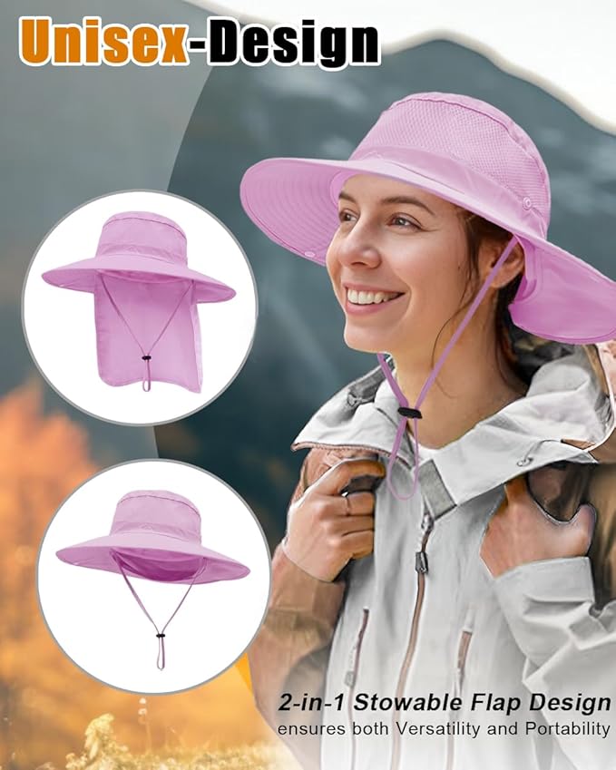 Outdoor Sun Hats with Stowable Neck Flap for Men Women UPF 50+ Mesh Summer Bucket Hat Wide Brim for Fishing Safari Hiking