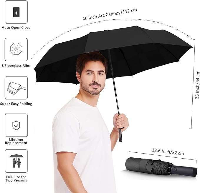 BAODINI Windproof Umbrella for Rain Folds Easily Automatic Open Close 46 inch Compact Travel Portable Umbrella for Men and Women