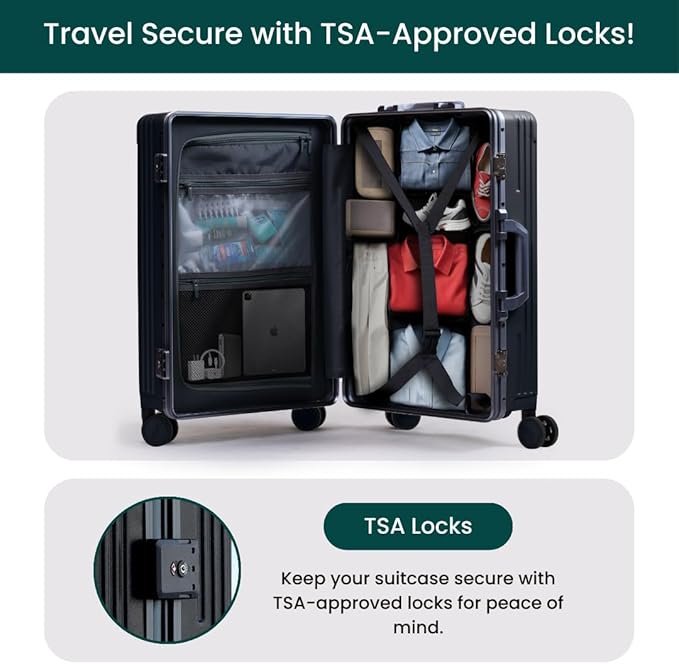 NOBL Travel Carry On Luggage, Noble Zipperless Aluminum Frame PC Hard Shell Suitcase, 20.8"x15"x8.7" Airline Approved, 360° Spinner Wheels, TSA Locks, USB Charging Port, Cup & Phone Holder - Jet Black