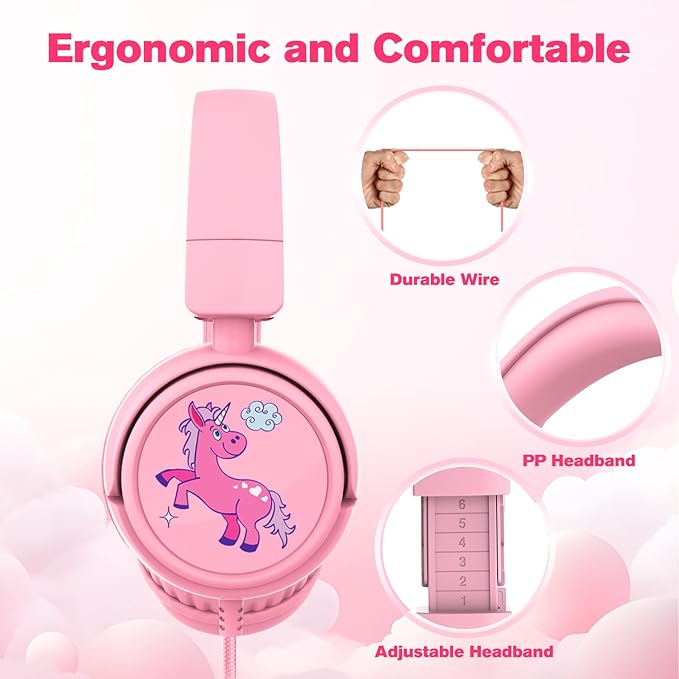 K6 Kids Headphones, 85/94dB Volume Limit Wired Headphones for Kids,3.5mm Jack Foldable Stereo Sound Toddler Headset with Mic, On-Ear Headphone for Smartphones/iPad/Tablet/Plane/Travel (Pink)