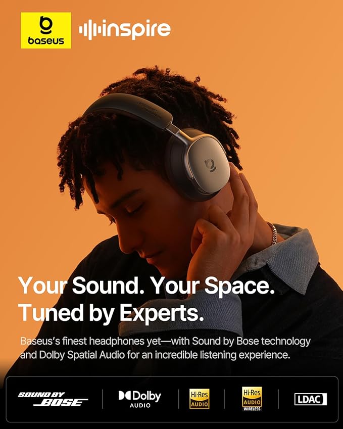 Baseus Inspire XH1 Adaptive Active Noise Cancelling Headphones, Sound by Bose, Dolby Audio, Premium Real-Time Adaptive ANC, Adaptive Tuning Rich Sound, Hi-Res Audio, 100H Playtime - Cosmic Black