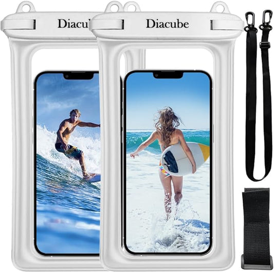 2-Pack Waterproof Phone Pouch, Universal IPX8 Floating Waterproof Case with Adjustable Lanyard for All Phones [Up to 8.3"] Beach, Waterpark & Travel Essentials - White