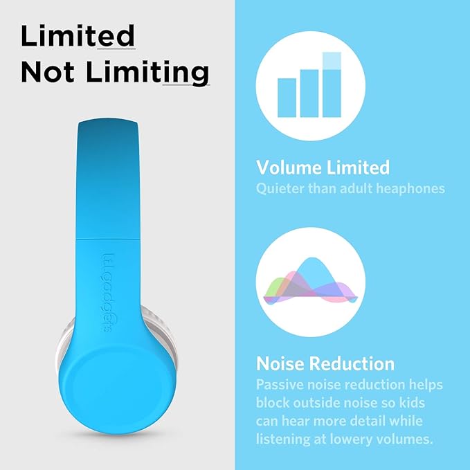 LilGadgets Connect+ Foldable Headphones, Adjustable Fit Soft Touch Padding for Kids with Mic, Volume-Limited & Noise Reduction On-Ear Wired Headset for School with SharePort - Blue, Ages 3-14