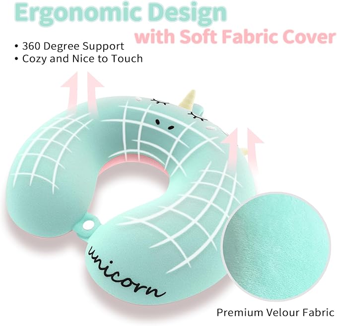 Neck Travel Pillow for Kids, Unicorn Airplane Memory Foam Pillow with Cute Sleep Mask & Earplugs, Lightweight Travelling Sleeping Pillow Set for Car, Train, Bus and Home Use (Blue)