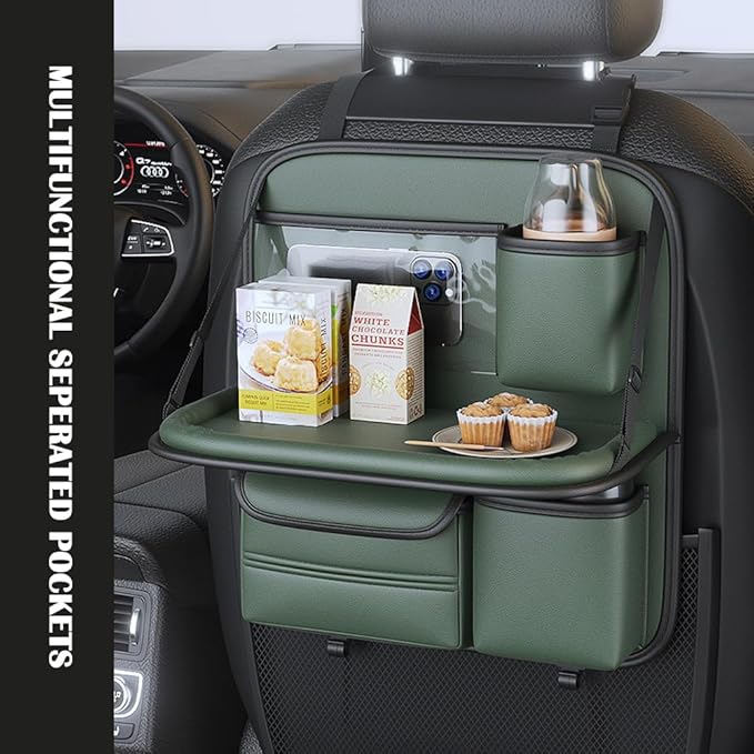 Car Backseat Organizer with Foldable Table Tray,Hanging Storage Bag with Touch Screen Phone Holder,Premium PU Leather Material,Compatible with Most Vehicles,Inner Car Accessories