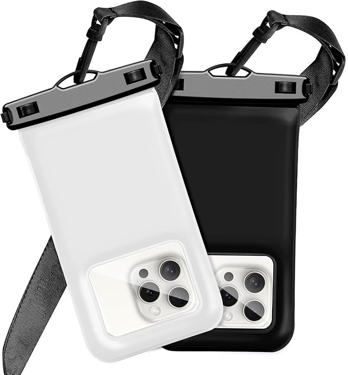 Floatable Waterproof Phone Pouch Case 2 pax for iPhone 17 16 Pro Max/15/14/13/12, IP68 Travel Cellphone Dry Bag Beach Cruise Ship Essentials Bags with Crossbody Lanyard,Black and White-7″