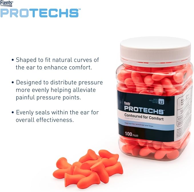 Flents Protechs Foam Ear Plugs, Contoured for Comfort, Ideal for Work with Loud Noise, Heavy Machinery, Construction, Studying & Traveling, NRR 32, Orange, Easy to Use, Made in The USA, 100 Pair