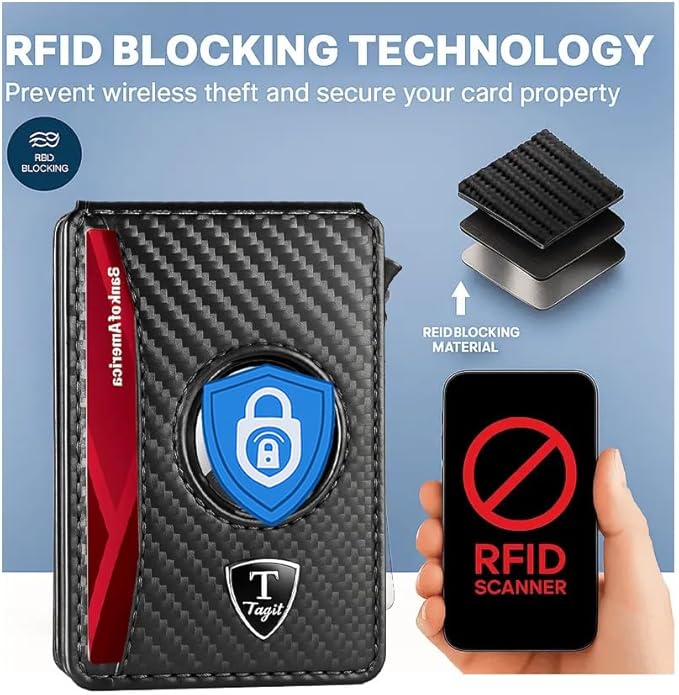 Smart Bifold Airtag Wallet for Men – RFID Blocking Pop-Up Bifold Credit Card Holder with ID Window, Slim Aluminum Case Fits 12+ Cards, Coffee Brown, Comes in a Gift Box (Carbon-Fiber Black)