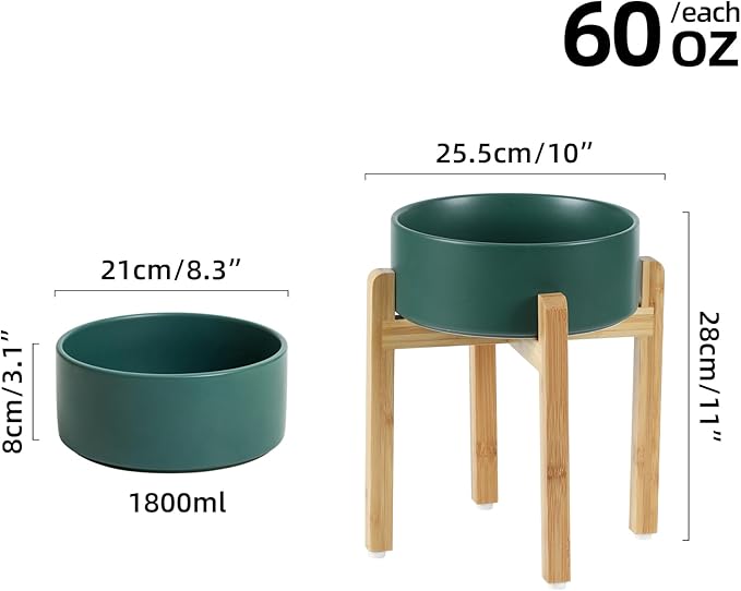 Ceramic Raised Dog Bowl Set, Elevated Dog Bowl with Stand, Food and Water Bowl for Large Breed Dogs, Weighted Pet Dishes(8.2'',60oz, Green)