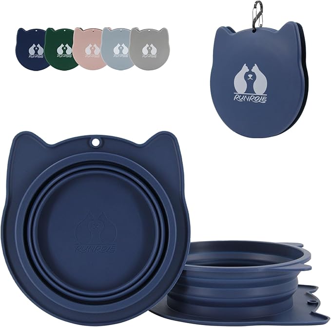 RUNROLE 2-in-1 Collapsible Silicone Dog Travel Bowls, Slot Together and Use Separately, Portable Pet Food Water Bowls, Foldable Cat Feeding Watering Dishes, 20OZ+27OZ(Navy Blue)