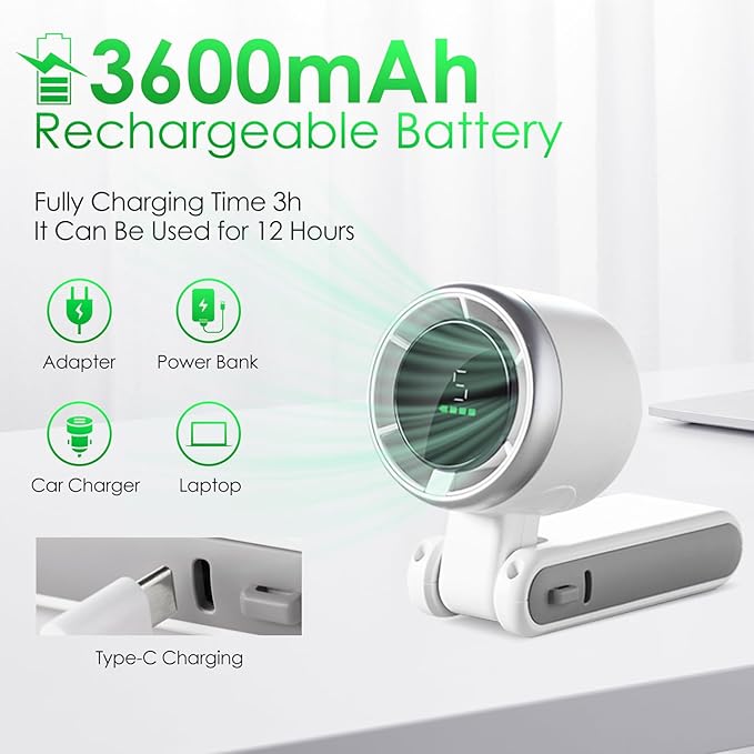 Portable Handheld Mini Turbo Fan, USB Rechargeable Travel Neck Fan with 5 Speeds, 3600mAh Battery & 15000RPM Speed, Up to 12 Working Hours, 3 IN 1 Foldable Personal Cooling Fan for Travel/Home/Office