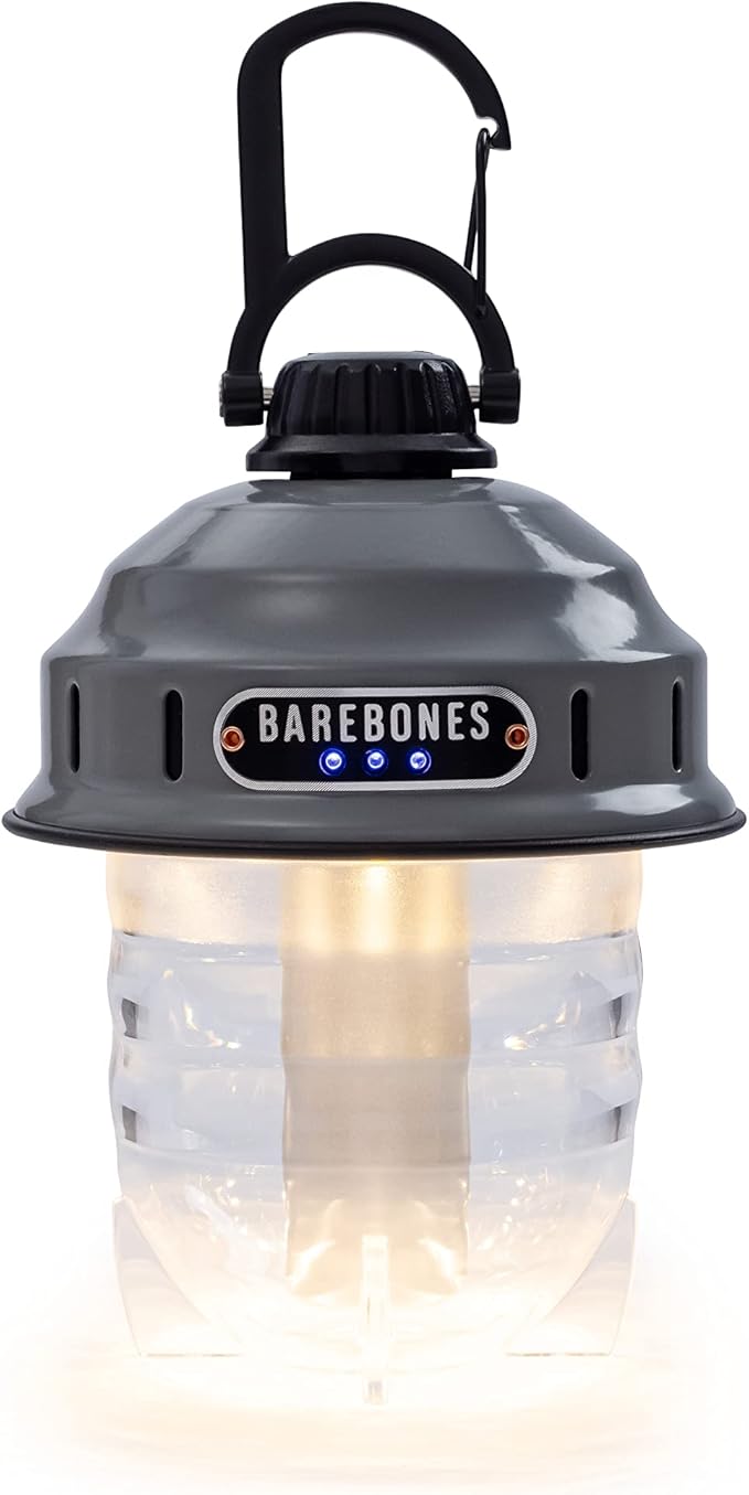 Barebones Beacon Hanging Light – State Grey, Rechargeable LED Camping Lantern with Adjustable Brightness – Weatherproof Vintage-Style Hanging Lantern for Outdoor Adventures and Year-Round Use