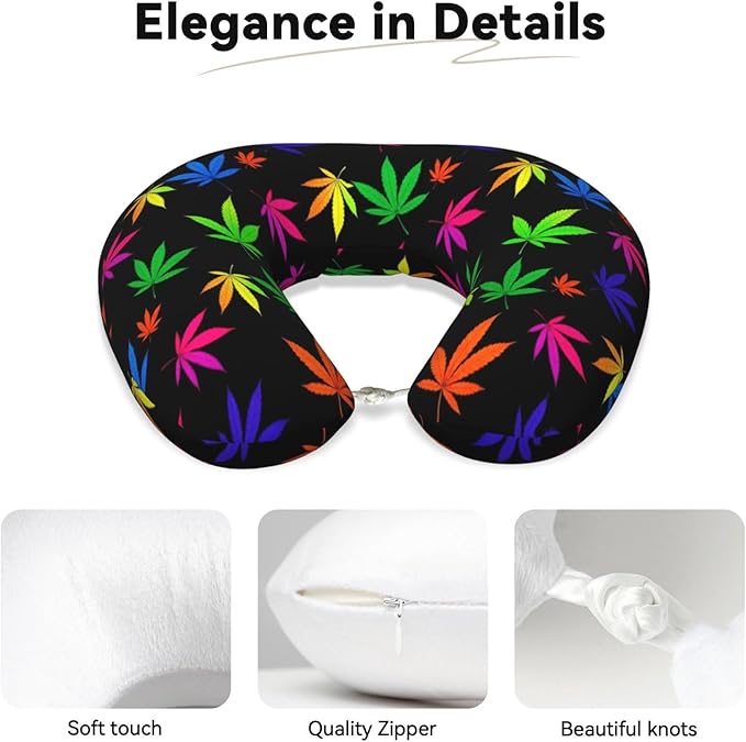 Neck Pillow Memory Foam Chin Cushion with Breathable Cover Trippy Neon Weedleaf Leaves, Cute Airplane Car Pillows for Office Head Pain Relief