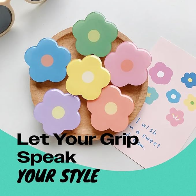 OnTheGrip Cute Solid Color Daisy Flower Design Collapsible Mobile Phone Grip Stand Holder for Smartphone Tablet Cell Phone Accessory (Blue)