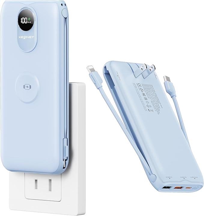 Portable Charger, 10000mAh 22.5W Fast Charging Power Bank with Built in Cable & Wall Plug, Travel Essential Battery Pack with LED Display, External Charger for iPhone, iWatch 11/10/9/8/Ultra/SE Blue