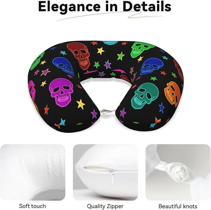Travel Pillow for Boys and Girls, Comfortable Neck Chin Head Support Cushion Neon Gothic Skull, Comfortable for Airplanes Car Sleeping Rest