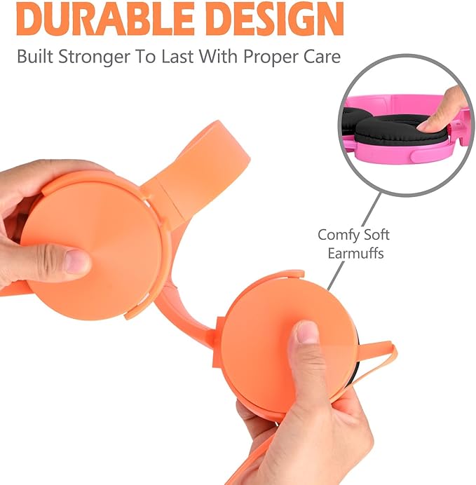 Kids Headphones 2 Pack for School Classroom K-12, Durable Wired Student Computer Online Learning Headset for Laptop Library Airplane and Travel (Pink+Orange)