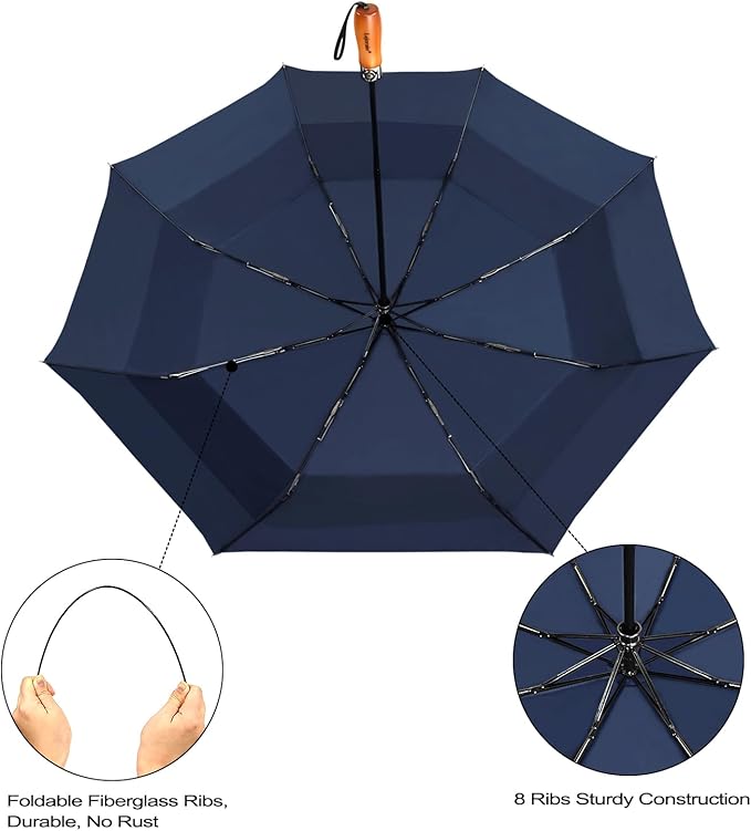 Lejorain Large Folding Golf Umbrella - Compact Mens Umbrellas Travel Rain and Windproof 54inch Collapsible Automatic Open Close Umbrella 210T Teflon Vented Double Canopy