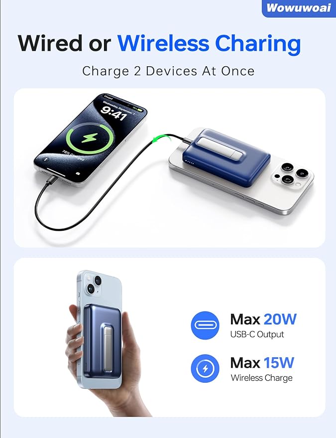 for Magsafe Portable Charger, 10000mAh Wireless Power Bank with Stand and PD 20W, USB C Fast Charging Powerbank, Magnetic Battery Pack Compatible with iPhone 17/16/15/14/13/12 Pro Max - Dark Blue