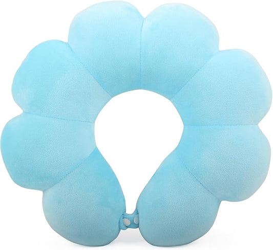 Flower Travel Neck Pillows for Airplanes Breathable Cotton U-Shaped Neck Pillow for Kids & Adults Head Neck Chin Support Rest Pillow for Traveling,Car,Train,Bus,Recline,Home,Office,Light Blue